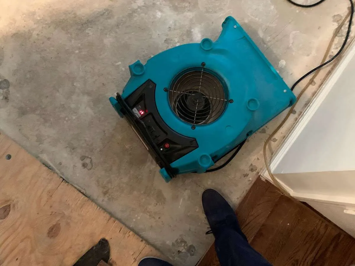 Air mover drying subfloor during Leak Detection & Repair in Westlake